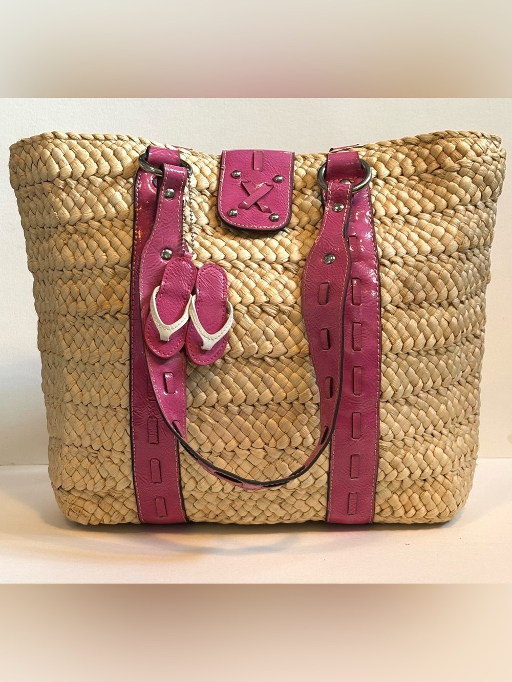 Liz Claiborne Straw and Pink Patent Large Tote